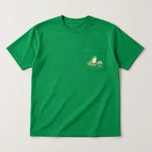 Pocket Frog Tee with a small frog on a lily pad peeking over the pocket edge in green and cream