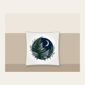 Moonlit Fern Fronds on Navy Pillow in white: Silver and deep green fern fronds curl over navy beneath a small crescent moon.