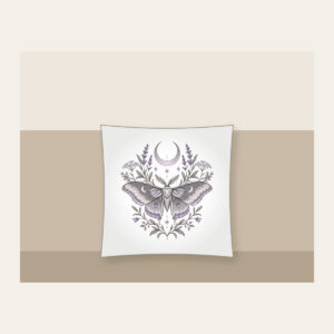 Moth and Crescent Moon with Herb Sprigs Pillow in white: A moth beneath a crescent moon with delicate herb sprigs in silver grey and pale lilac.