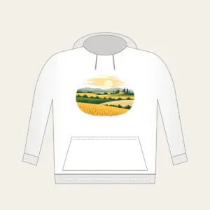 Farm Field Strips Under a Low Sun Hoodie in white: Horizontal strips of gold, green and sand lie under a low pale sun.