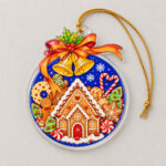 Cutout Gingerbread Cottage Ornament with a gingerbread-style cottage with white icing swirls and candy dots in brown, white and red