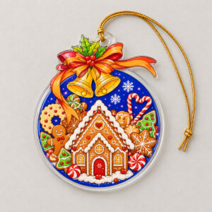 Cutout Gingerbread Cottage Ornament with a gingerbread-style cottage with white icing swirls and candy dots in brown, white and red