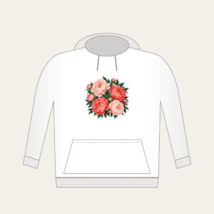 Big Peonies on Deep Green Hoodie in white: Large peonies in blush and coral with leaves on a dark green ground.