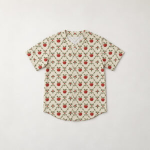 Orchard Diamond Simple Baseball Jersey with all-over diamond lattice with small apple and leaf motifs in red, cream and green