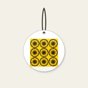 Nine Sunflowers in a Yellow Grid Ceramic Ornament in white: A neat three-by-three grid of nine sunflower circles in black and golden lines on a yellow ground.
