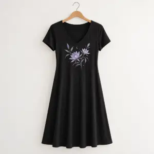 Midnight Bloom V-Neck Jersey Dress with a compact night-blooming floral print in lilac and pale grey, centered on the front chest below the neckline