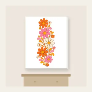 Retro Daisy Rows in Orange and Pink Canvas Print in white: Retro daisies climb upward in orange, pink and cream.