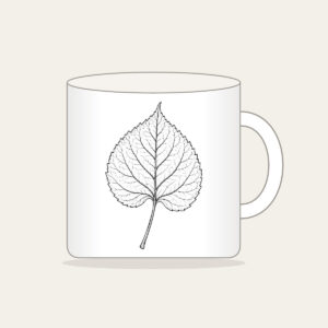 Single Leaf Study in Black Line Art Mug in white: A single leaf and stem in fine black line art, edged with a thin border.