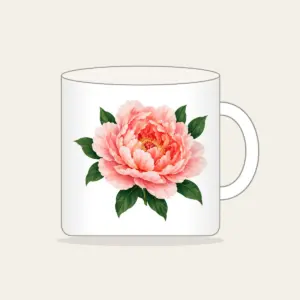 Full-Blown Peony with Green Leaves Mug in white: A full-blown peony in blush and coral with deep green leaves.