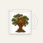 Oak Treehouse with Glowing Lantern Mug in white: A treehouse in an oak tree with a glowing lantern in brown, green and amber.