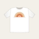 Stepped Arc Sunrise Over the Horizon T-Shirt in white: A rising sun built from five stepped arcs in apricot, rust and sand above one thin horizon line.