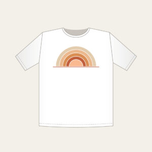 Stepped Arc Sunrise Over the Horizon T-Shirt in white: A rising sun built from five stepped arcs in apricot, rust and sand above one thin horizon line.