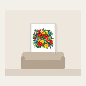 Parrots Among Red Hibiscus Fleece Blanket in white: Parrots perch among hibiscus flowers in red, green and yellow.