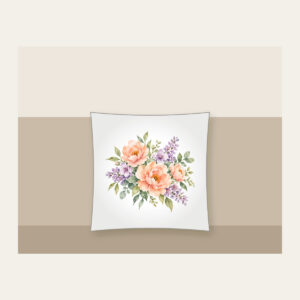 Watercolor Blooms in Peach and Lilac Pillow in white: Gentle watercolor blooms in peach, lilac and sage bleed softly across white space.