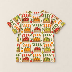Fruit Stand Kids All-Over Tee with all-over repeat of crates of apples, oranges and pears with striped awnings in red, orange and green on cream, balanced scale for a child-size cut