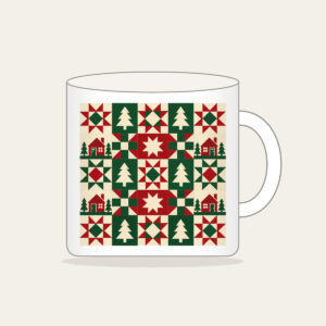 Cabin, Tree and Star Patchwork Mug in white: Patchwork squares hold simple cabin, tree and star motifs in red, cream and green.