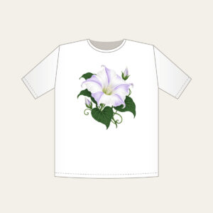 Moonflower on Deep Green T-Shirt in white: One large moonflower in white and lavender glows against a deep green ground.