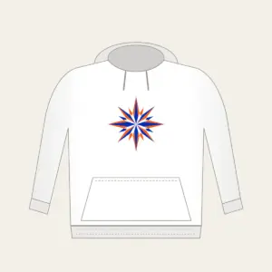 Cobalt Starburst Pattern Hoodie in white: A starburst pattern in cobalt and orange over a cream field.