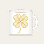 Four-Leaf Clover Botanical Plate Mug in white: A four-leaf clover with its roots, drawn in cream and gold line art in the style of a botanical plate.