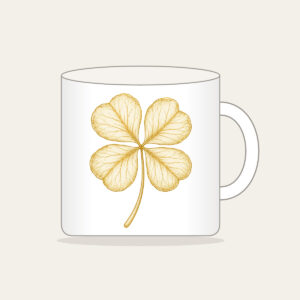 Four-Leaf Clover Botanical Plate Mug in white: A four-leaf clover with its roots, drawn in cream and gold line art in the style of a botanical plate.