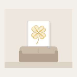 Four-Leaf Clover Botanical Plate Fleece Blanket in white: A four-leaf clover with its roots, drawn in cream and gold line art in the style of a botanical plate.