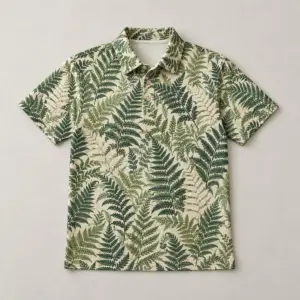 Midweight Fern Lattice Polo Shirt with all-over lattice of ferns in sage, forest green and cream