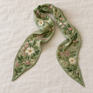 Narrow green floral embroidered hair scarf folded on linen