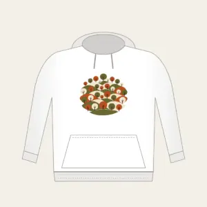 Rolling Orchard Hills Hoodie in white: Rows of round trees on hills in olive, rust and cream.