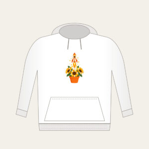 Striped Rocket in Sunflower Pot Hoodie in white: A small striped rocket lifts off from a pot of sunflowers in white, yellow and orange.