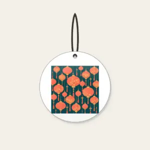 Coral and Gold Paper Lantern Night Ceramic Ornament in white: Paper lanterns in coral and gold with fine strings across deep teal.