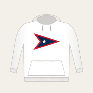 Navy Pennant with Cream Star Hoodie in white: A three-point pennant in navy and red with one small cream star.