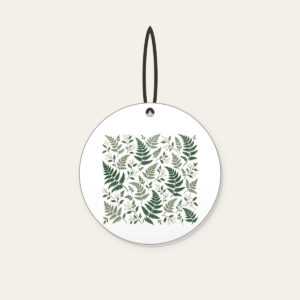 Fern and Berry Repeat Ceramic Ornament in white: A repeat of ferns and tiny berries in sage, deep green and cream.