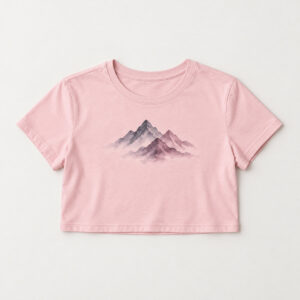 Ink Wash Peaks Cropped Tee with small chest print of three overlapping ink-wash mountain peaks in charcoal grey and faded plum