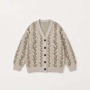 Cable Garden Knit Cardigan with a flat printed cable pattern entwined with small flowers in oatmeal, sage and rose