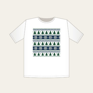 Fair-Isle Bands of Pines and Stars T-Shirt in white: Fair-isle bands of pines and stars in cream, forest green and navy repeat all over.