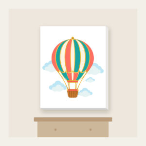 Striped Hot Air Balloon Canvas Print in white: A hot air balloon with coral, teal and gold stripes drifts above small clouds, a tiny basket below.