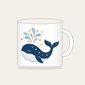 Starry Whale with Water Spout Mug in white: A friendly whale lifts a spout of water among tiny white and gold stars.