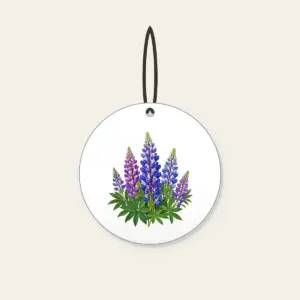 Wild Lupine Meadow Spires Ceramic Ornament in white: Tall wild lupine flowers in violet and blue with green leaves.