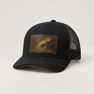 Trout Stream Patch Trucker Cap with a brook trout leaping from a ripple, DTF printed on the patch in olive and copper