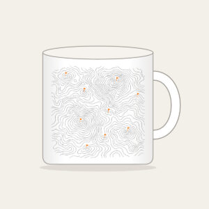 Topographic Lines and Trail Markers Mug in white: Topographic lines in grey with small orange trail markers.