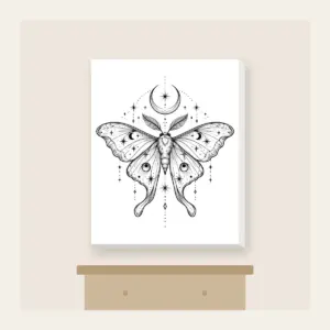 Moth, Stars and Crescent Moon Linework Canvas Print in white: A fine-line moth rests among tiny stars and a crescent moon in black.