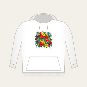 Parrots Among Red Hibiscus Hoodie in white: Parrots perch among hibiscus flowers in red, green and yellow.