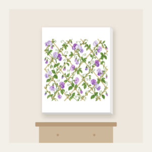 Sweet Peas Climbing a Lattice Canvas Print in white: Sweet peas climb an all-over lattice in lilac and green on cream.