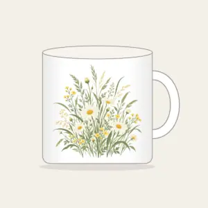 Meadow Grass and Daisy Field Mug in white: A flat meadow of swaying grasses and small daisies in sage, cream and butter yellow.