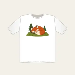 Sleeping Fox on the Hill T-Shirt in white: A rust-colored fox curled asleep on a green hill with two tiny pines.