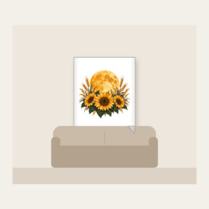 Harvest Moon over Sunflower Fields Fleece Blanket in white: A large harvest moon rises over sunflower and wheat silhouettes in amber, deep green and cream.