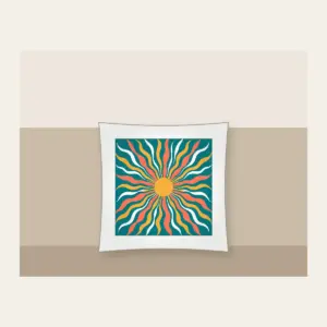 Sunrise Lines in Coral and Gold on Teal Pillow in white: All-over sunrise lines in coral, gold and white on a teal ground.