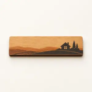 Hearth Row Layered Landscape Tag with two-layer landscape tag artwork about 3:1: a simple house outline with chimney at the left on the upper layer and a warm amber window glow on the lower layer, charcoal and amber, with open whitespace to the right