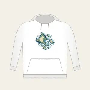 Topographic Coastline and Islands Map Hoodie in white: Topographic contours of a coastline and islands in navy, sea green and sand on cream.