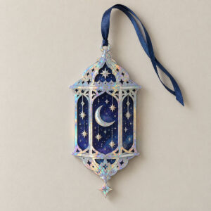 Starlit Lantern Hologram Ornament with lantern silhouette with a window of tiny stars and a crescent moon in deep indigo and silver, top layer with cutouts, Star Hologram colourway